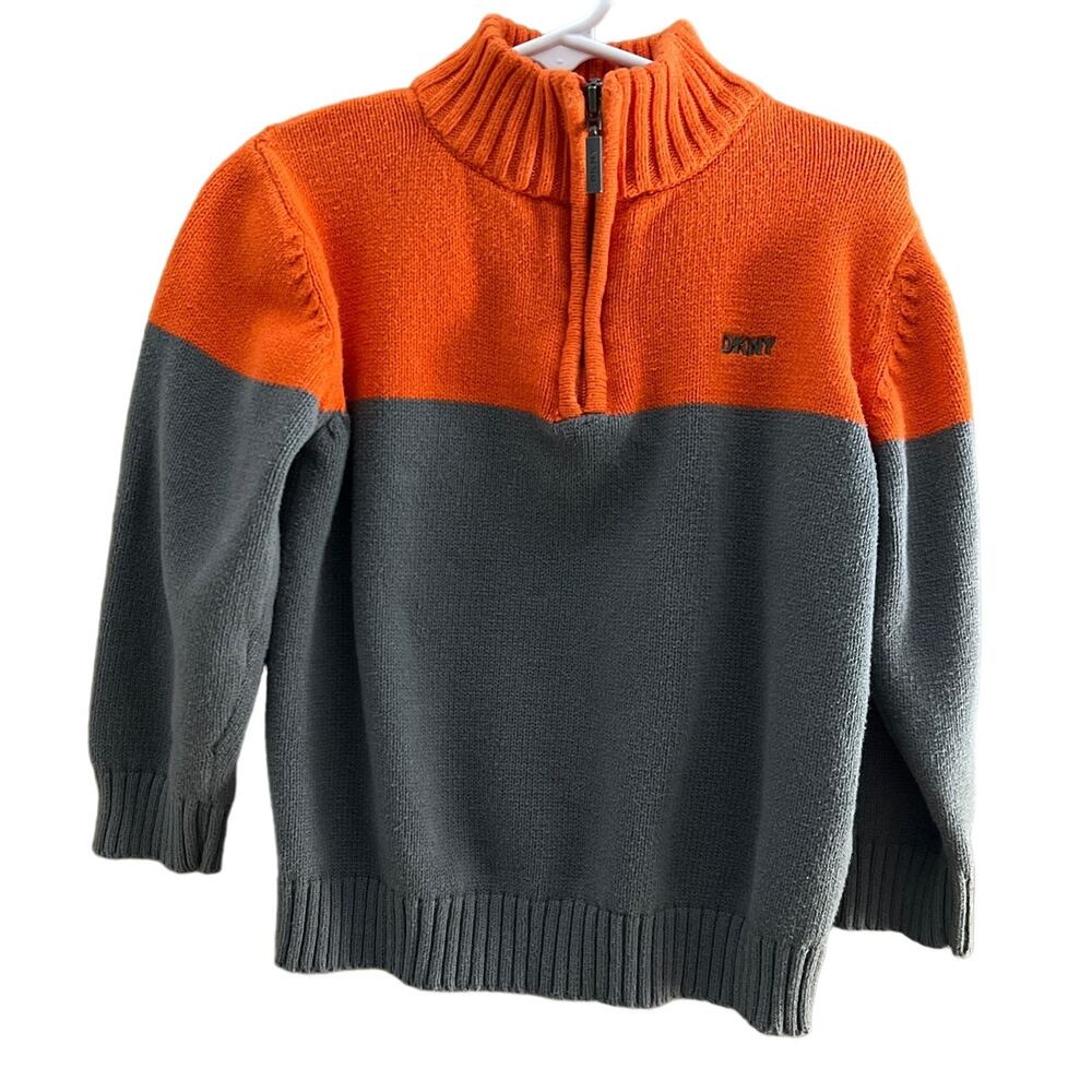 DKNY Pullover Sweater 4T | Orange/Grey Long Sleeve 1/4 Zip | 100% Cotton